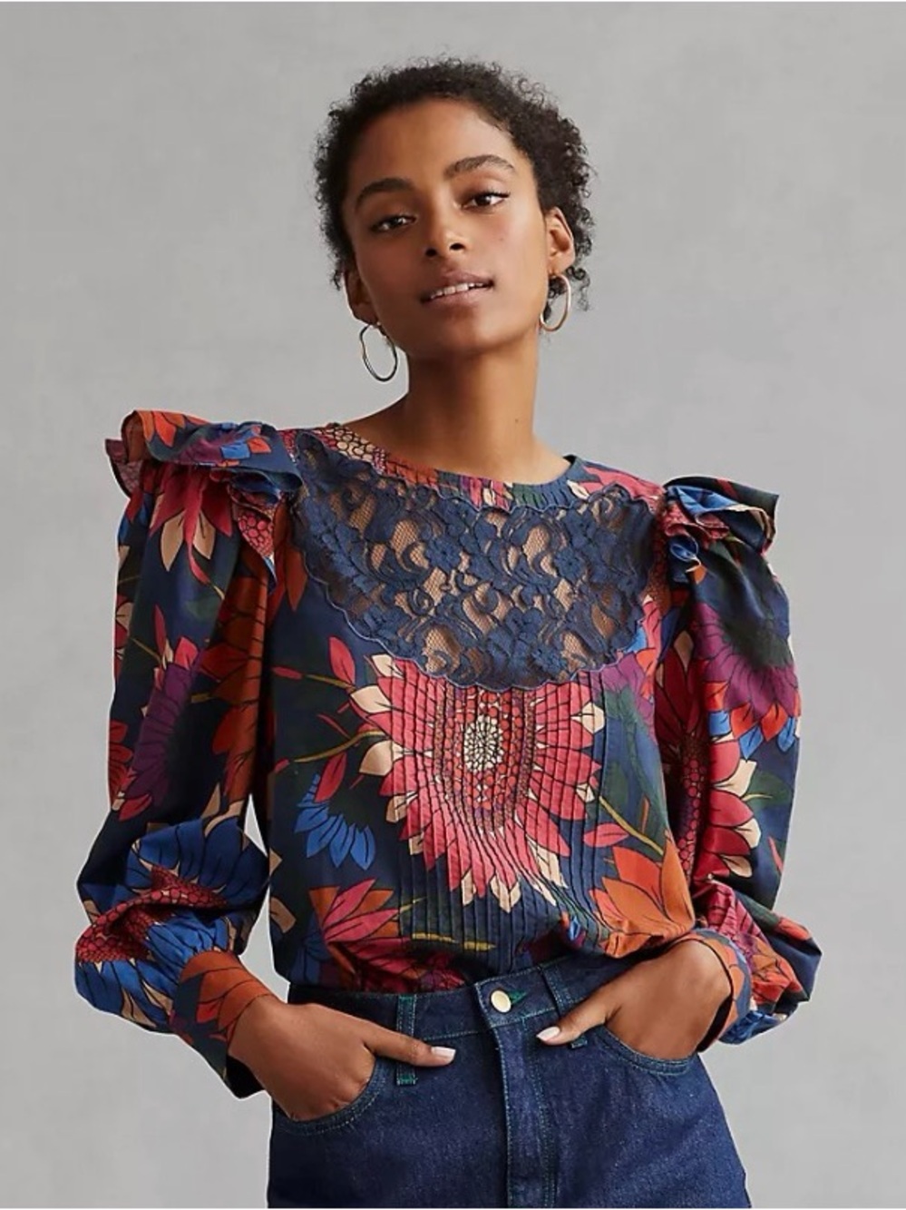Farm Rio Anthropologie Ruffled Long Sleeve Blouse Multicolor Floral Size Small